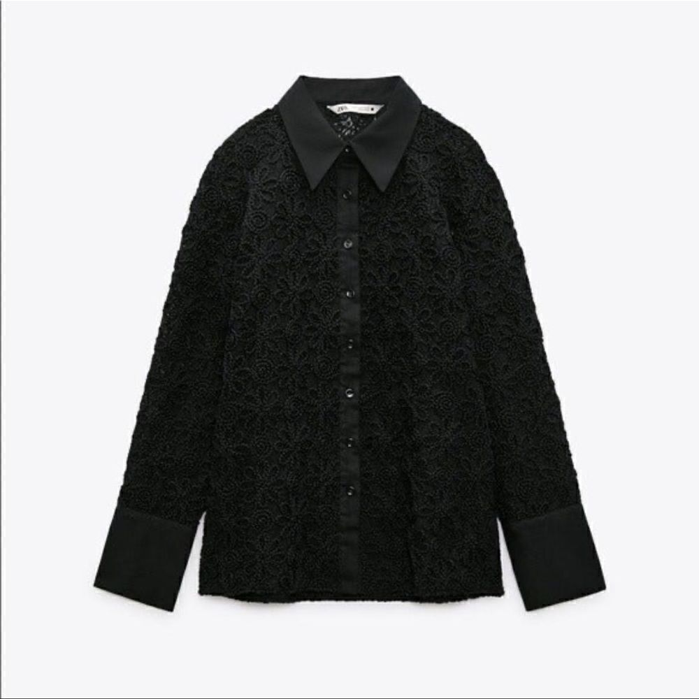 NWT Zara Black Floral Embroidered Long Sleeve Button Up Shirt/Blouse Size Small